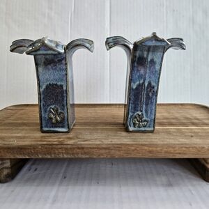 Paul Anthony Candle Holder Pair Blue Brown Glaze Hand Crafted Vintage Signed
